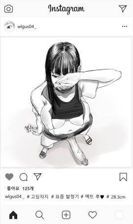 1futa bangs big_breasts big_penis black_hair breasts clothed clothing erection futa_only futanari high-angle_view human instagram intersex long_hair megahertz monochrome navel partially_clothed penis school_uniform skirt solo standing tzoz uncensored