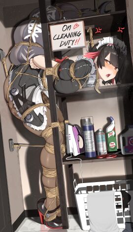 1girls angry_face bagelbomb black_hair blush bondage ellen_joe female female_focus female_only full_body fully_clothed high_heels maid maid_headdress maid_uniform tied_up zenless_zone_zero