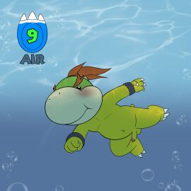 1boy balls black_eyes blush bowser_jr. bubble claws closed_mouth completely_nude cub erection furry furry_male furry_only highres koopa male male_focus male_only mario_(series) navel nintendo nipples nude nude_male orange_hair penis ponytail scalie small_penis solo solo_male super_mario_bros. swimming tail testicles tied_hair tribaldragon underwater water yellow_body