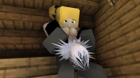 1boy 1girls 3d ass big_ass blonde_hair breasts cum cum_in_pussy cum_inside female foot_up from_behind green_eyes hannah_rose_(morirosemc) looking_pleasured male mine-imator minecraft no_bra no_panties pants pinkechan pussy standing_sex tagme twin_braids vaginal_penetration wet_pussy