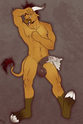 2020 2_horns after_sex anthro balls biped bird's-eye_view black_hair bodily_fluids bovid bovine brown_body cattle cloven_hooves cum cum_on_penis eyebrows fuf gay gay_anal gay_male gay_sex genital_fluids genitals glans hair half-closed_eyes half-erect hi_res high-angle_view homosexual homosexual_male hooves horn humanoid_genitalia humanoid_penis looking_pleasured lying male male/male male_penetrated mammal narrowed_eyes navel nipples nude on_back open_mouth open_smile penis simple_background smile solo solo_male tail tail_tuft teeth tongue tongue_out tuft unguligrade