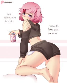 1girls ass bare_legs barefoot big_ass big_butt blush bubble_ass bubble_butt doki_doki_literature_club english_text feet female female_only fishnet hoodie human leg_lift long_sleeves looking_at_viewer looking_back natsuki_(doki_doki_literature_club) one_leg_raised petite petite_body petite_female pink_hair purple_eyes raionart short_hair shorts side_view slim_waist soda soda_can soles solo text thick_ass thick_thighs
