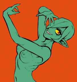 1girls abstract_colors breasts brellom eyelashes fangs female female_only green_body hair_over_one_eye hi_res karantos_(beaumont) long_nails looking_at_viewer nipples nude nude_female one_eye_obstructed original png pointy_ears red_background red_eyes scar sharp_teeth short_hair skinny solo vampire vampire_girl