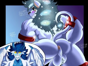 anus ass ass_focus balls bara blue_hair blush blushing_at_partner dragon furry furry_male furry_only galaxy_hair gay lion male muscular pubic_hair rings_on_arms rings_on_legs smiling_at_viewer smirk smirking sunglasses white_fur wings yaoi