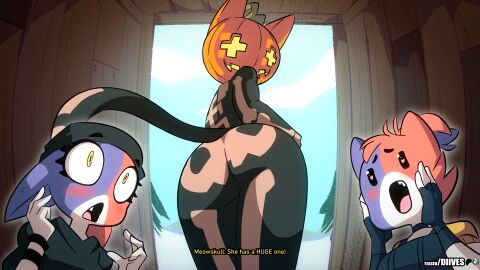 16:9 2025 2d 2d_(artwork) 2d_animation 3girls animated anthro ass ass_focus big_ass big_butt blush cate_meowdy_(fortnite) clothed clothing dialogue diives english_text epic_games female female_only for_a_head fortnite fur furry furry_female furry_only group heart-shaped_pupils heart_eyes heart_symbol hi_res huge_ass huge_butt large_ass meow_skulls_(fortnite) nude object_head pumpkin pumpkin_girl pumpkin_head spice_(fortnite) text trio white_body white_fur widescreen