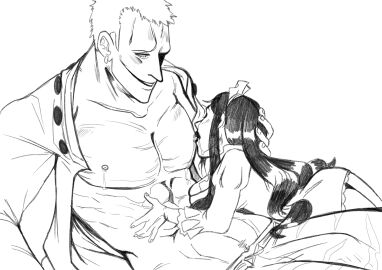 1boy 1girls baby_5 blush breasts bulge donquixote_doflamingo erection_under_clothes female large_breasts long_hair looking_at_another maid maid_headdress maid_uniform male monochrome muscular muscular_male nipples one_piece s4lt0r11 shirt short_hair size_difference smile sucking_male_nipple