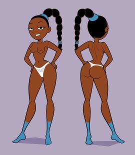 ass back_view black_hair braid breasts chloe_(hey_arnold!) dark-skinned_female deemlyart female front_view hands_on_hips hey_arnold! highres navel nickelodeon nipples panties seductive_look simple_background standing teenage_girl underwear younger_female