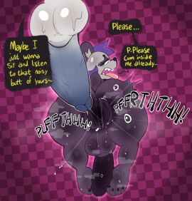 anal_fluids anthro anus ass balls bear big_ass big_balls big_butt big_penis bodily_fluids duo english_text fart farting femboy futa_on_male futanari gape_fart gaping gaping_anus genitals giant_panda girly hair hi_res intersex mala_(malafox) malafox male mammal multicolored_body penis purple_hair sharp_teeth sweat teeth text