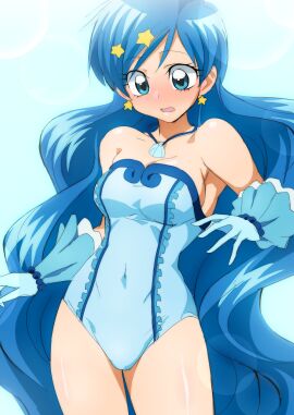 1girls blue_clothing blue_eyes blue_hair blush breasts earrings female hanon_hosho highres horny horny_female long_hair medium_breasts mermaid_melody_pichi_pichi_pitch oimanji pendant princess solo_female star_earrings