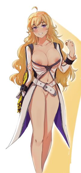 1girls blonde_female blonde_hair breasts erojiji3 female half-dressed half_naked long-haired_female long_hair purple_eyes robotic_arm rwby solo_female tight_clothing yang_xiao_long