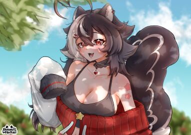 :d ahoge animal_ear_fluff animal_ears bangs bare_shoulders bikini_top black_bra black_hair blurry blurry_background blush bra breasts choker cleavage cross day depth_of_field eyebrows_visible_through_hair female grey_hair hair_between_eyes jewelry large_breasts long_hair long_sleeves looking_at_viewer momotexx_(vtuber) multicolored_hair oerba_yun_fang off_shoulder open_mouth outdoors red_eyes skin_fang skunk_girl skunk_tail sky sleeves_past_wrists smile solo star_(symbol) streaked_hair sweater tail tree two-tone_hair upper_body virtual_youtuber vyugen