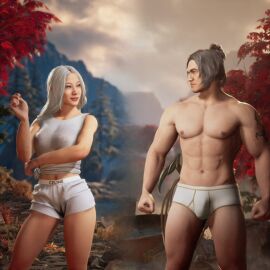 3d 3d_(artwork) 3d_model bulge_through_clothing casual_clothes edenian female female/male haviksluz kuai_liang looking_at_each_other male male/female mortal_kombat mortal_kombat_1_(2023) netherrealm_studios ninja outdoors pyromancer scorpion_(mortal_kombat) sindel tattooed_arm underwear_only
