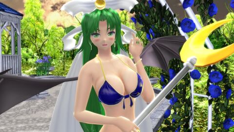 2023 3d bikini blue_bikini blue_rose bracelet cleavage clouds cresent_moon earrings female garden ghost_girl green-haired_female green_eyes hati_yukkuri_mmd headdress holding_weapon light-skinned_female light_skin looking_at_viewer mima mima_(touhou) mmd outdoors outside sky spirit staff sunset swimsuit touhou touhou_(pc-98) weapon wings