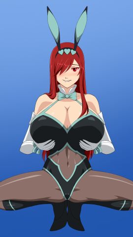 absurdres barefoot biting_lip blush brainwashed brainwashing breasts bunny_ears bunny_girl bunnysuit cleavage erza_scarlet fairy_tail fake_animal_ears feet female_only femsub happy_trance high_heels hypnosis large_breasts long_hair mind_control red_eyes red_hair smile squatting vevymani