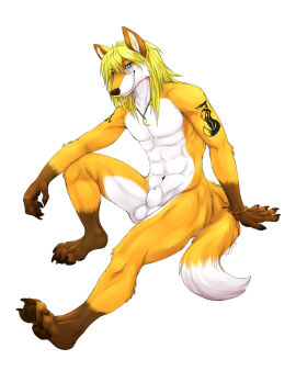 4_toes 5_fingers abs animal_genitalia anthro arm_on_knee arm_tattoo athletic athletic_anthro athletic_male balls black_nose blonde_hair blue_eyes bracelet brown_body brown_claws brown_fur brown_pawpads canid canine canine_sheath cheek_tuft claws digitigrade dipstick_tail eyewear eyewear_only facial_tuft feet finger_claws fingers fluffy fluffy_tail fox fur genitals glasses glasses_only gloves_(marking) hair hand_on_ground hi_res japanese_tattoo jcf jcfox jewelry leg_markings long_hair looking_at_viewer male mammal markings multicolored_body multicolored_fur navel necklace nude pawpads paws pecs raised_leg serratus shaded sheath shoulder_tattoo simple_background sitting smile socks_(marking) solo tail tail_markings takesu tattoo toe_claws toes tooth_necklace tuft wearing_glasses white_background white_body white_fur yellow_body yellow_fur