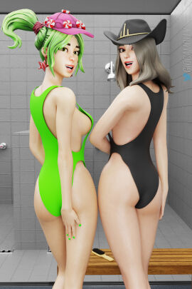 2girls ass breasts female fortnite giocamolly oiled_skin swimsuit victoria_saint wet_skin zoey_(fortnite)