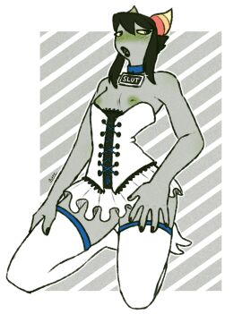 alicia_(breeoche) alien alien_humanoid black_hair black_nails blush breeoche collar color colored female grey_skin homestuck homestuck_troll horn horns humanoid humanoid_alien maid maid_outfit maid_uniform nail_polish nipples original_character partially_clothed partially_clothed_female stockings thigh_highs thighhighs troll