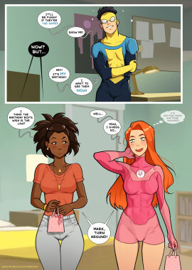 1boy 2025 2girls abs amber_bennett ass atom_eve big_ass big_breasts birthday blush breasts bust busty curvaceous curvy curvy_figure dark-skinned_female dark_skin digital_media_(artwork) english_text female fully_clothed hips image_comics invincible invincible_(comics) invincible_(superhero) invincible_(tv_series) light-skinned_female light_skin male mark_grayson mature mature_female minko samantha_eve_wilkins skin_tight slim_waist text thick thick_hips thick_legs thick_thighs thighs tight_clothing voluptuous waist wide_hips