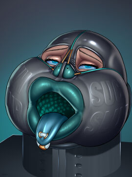 big_lips body_modification bondage cheek_bulge dildo_gag eyes_rolling_back female female_only fleshlight_gag gag gagged gagged_female imminent_oral immobile latex lenses lerra22 living_sex_toy nose_hook nose_plugs open_mouth posture_collar submissive tongue_out tongue_piercing