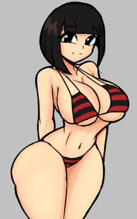 1girls big_breasts bikini black_hair breasts delta_(desiredelta) desiredelta female female_focus female_only grey_background light_skin looking_at_viewer mary_(desiredelta) original thick_thighs