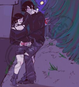 1boy 1girls 2d alternate_version_available andrew_graves ashley_graves black_hair blush brother_and_sister choker clothed female green_eyes handjob height_difference incest male mismispink night outdoors penis penis_out pink_eyes ponytail pubic_hair siblings talking_on_phone tease teasing telephone the_coffin_of_andy_and_leyley