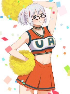 1girls arms_up big_breasts blush breasts cheerleader cheerleader_uniform female fuyumi_todoroki glasses looking_at_viewer multicolored_hair my_hero_academia pom_poms ponytail smile two-tone_hair unknown_artist white-haired_female white_hair