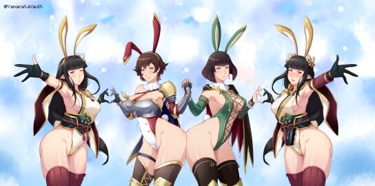 armor ass big_ass big_breasts black_hair breasts brown_hair bunny_ears capcom female female_only fiorayne hime_cut hinoa human knight looking_at_viewer minoto monster_hunter monster_hunter_rise purple_eyes rondine sisters twins wyverian yamanata yellow_eyes