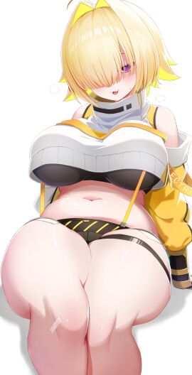 1girls :3 ahoge belly belly_button blonde_hair blush breasts cute_fang elegg_(nikke) female female_only fully_clothed goddess_of_victory:_nikke hair_over_eyes midriff open_mouth purple_eyes sitting sweat thick_thighs thigh_strap tight_clothing two-tone_hair underboob white_background