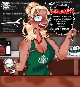 apron apron_only babyanotherdrink barista big_breasts big_nails blonde_hair breasts dark-skinned_female dark_skin earrings employee employee_uniform female female_only francesca_mccoy_(babyanotherdrink) green_eyes lipstick milf nails nails_painted naked_apron necklace now_b4d oc original shocked shocked_expression starbucks starbucks_barista surprised surprised_expression