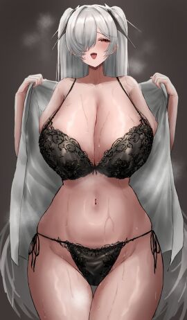 1girls absurdres black_bra black_panties blush bow bow_bra bow_panties bra breasts cinderella_(nikke) cleavage female goddess_of_victory:_nikke hair_over_one_eye highres huge_breasts long_hair looking_at_viewer navel one_eye_covered open_clothes open_mouth panties red_eyes shaddoll_fusion side-tie_panties smile solo stomach sweat twintails underwear very_long_hair white_hair