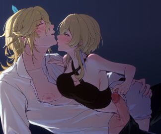 1boy absurdres black_shirt blonde_hair blush breasts closed_eyes djinchnizhnsh1 feather_hair_ornament feathers female genshin_impact hair_between_eyes hair_ornament highres kaveh_(genshin_impact) long_hair lumine_(genshin_impact) male nipples open_clothes open_mouth open_shirt penis scar sex shirt shorts uncensored white_shirt white_shorts yellow_eyes