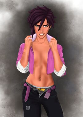 1girls artist_name bare_belly belly belt belt_buckle breasts brown_eyes brown_lips choker clothed dark_hair designedbydesire digital_art digital_drawing_(artwork) digital_media digital_media_(artwork) dispatch_(game) female flashing indoors invisigal jacket medium_breasts messy_hair nose_piercing nose_ring office pants piercing short_hair short_hair_female slender slender_body slender_waist slim slim_waist solo solo_female solo_focus standing superhero superheroine tomboy torn_pants undressing unseen_watermark watermark