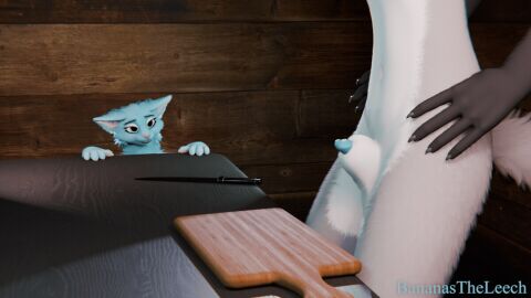 3d_(artwork) 3d_animation animal_genitalia animated anthro balls bananastheleech bedroom_eyes blue_body blue_fur bouncing_balls canid canine cutting_board digital_media_(artwork) duo ear_flick ears_up erection felid feline female foepaws fox fur furniture genitals gloves_(marking) green_eyes grey_body grey_fur half-erect imminent_castration knife kraft_trio male male/female mammal markings multicolored_body multicolored_fur narrowed_eyes penis pink_nose seductive sheath short_playtime smile swinging_penis table white_body white_fur wide_eyed