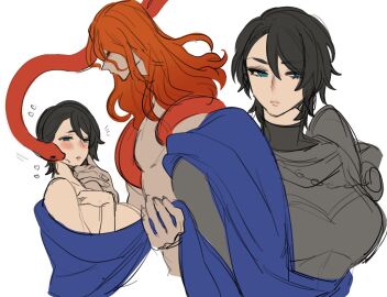 1boy 1girls 2d armor big_breasts blush breasts breasts_bigger_than_head elden_ring embarrassed female female_knight fromsoftware heart imminent_sex knight male messmer_the_impaler picco rellana_twin_moon_knight shadow_of_the_erdtree short_hair simple_background snake tomboy wholesome