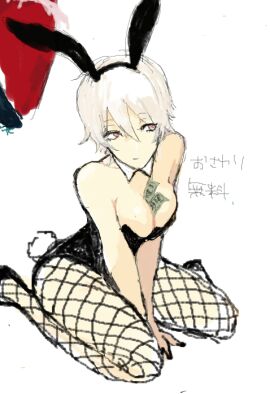 2015 alternate_costume black_nails breasts bunny_ears bunny_girl bunny_tail bunnysuit canon_genderswap cleavage female female_only fishnets genderswap genderswap_(mtf) ginko_sakata gintama gintoki_sakata leotard medium_breasts money money_in_cleavage money_under_clothes nail_polish painted_nails playboy_bunny rule_63 short_hair sitting smile solo summer_k25 white_hair