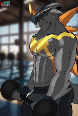 animated anthro athletic bandai_namco bara bulge bulkmon clothing digimon digimon_(species) exercise gym hi_res j450n2080 male male_only muscular muscular_male pulsing solo sport_pants throbbing underwear workout yaoi