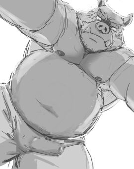 2024 anthro belly bottomwear bulge clothing detailed_bulge erection erection_under_clothing genital_outline hi_res ikaring kemono male mammal navel nipples overweight overweight_male pants penis penis_outline simple_background solo suid suine sus_(pig) white_background wild_boar