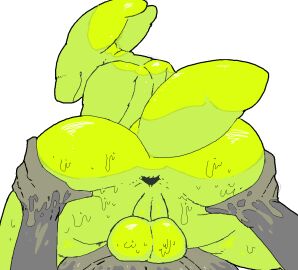 2boys anthro anthro_on_human ass balls big_ass dripping_slime furry gay grab_the_butt green_body grin limosa looking_at_viewer looking_back male ms_paint no_eyes pov rottarat simple_background simple_shading slime slimy slimy_body slug stretched_anus teasing