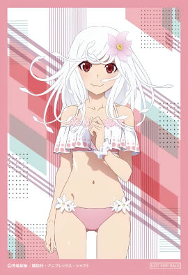 arm_at_side bare_belly bare_legs bare_shoulders bare_thighs belly_button bikini blush breasts closed_mouth collarbone female flower_in_hair frills hand_up long_hair monogatari_(series) official_art pink_bikini red_eyes sengoku_nadeko shiny_skin small_breasts smile snake_hair standing thighs white_hair