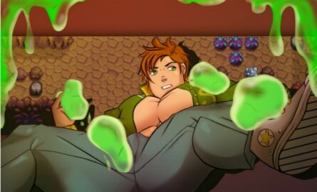 1boy alex_mullner blurry boner brown_hair green_eyes jeans looking_away male male_only muscular muscular_male open_shirt short_hair slime solo spread_legs stardew_valley tagme