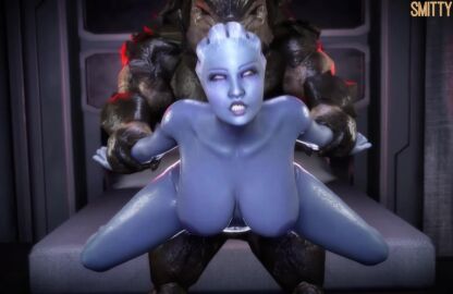 3d 3d_(artwork) 3d_animation alien_girl animated asari blender_(software) carried carrying_partner fucked_from_behind fucked_silly krogan large_breasts liara_t'soni massive_breasts smitty34 stomach_bulge tagme video