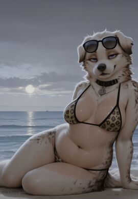 ai_generated animal_print anthro beach bedroom_eyes big_breasts bikini black_nose breasts canid canine canis choker clothing curvy_figure domestic_dog ear_piercing ear_ring eyewear eyewear_on_head female glistening glistening_body golden_retriever hands_behind_head hi_res hunting_dog jewelry leaning_backward leopard_print looking_at_viewer lying mammal markrhey mom_bod mouth_closed narrowed_eyes navel necklace oiled_body piercing portrait purple_eyes retriever ring_piercing sea seaside seductive smile solo summer sunbed sunglasses sunglasses_on_head sunscreen sunscreen_on_body swimwear thigh three-quarter_portrait voluptuous water