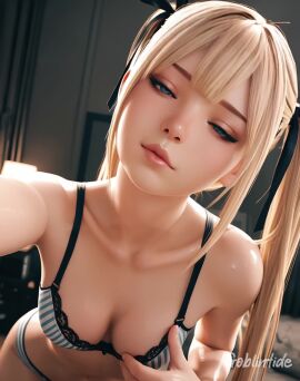 ai_generated animated barrette bedroom_eyes blonde_hair blue_eyes bow bra breast_grab breasts cleavage collarbone dead_or_alive eyebrows eyelashes female fondling fondling_breast fondling_self goblintide grabbing_breasts grabbing_own_breast hair_between_eyes hair_ornament hair_ribbon half-closed_eyes indoors lace lace-trimmed_bra lace_trim lamp licking_own_lips lips long_hair looking_at_viewer marie_rose mascara medium_breasts night panties seductive selfie shiny_skin solo tagme teeth tongue tongue_out twintails video