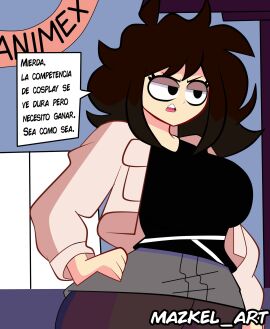 1girls ass big_ass big_breasts breasts brown_hair female female_focus female_only fully_clothed mazkel_art original spanish_text translation_request