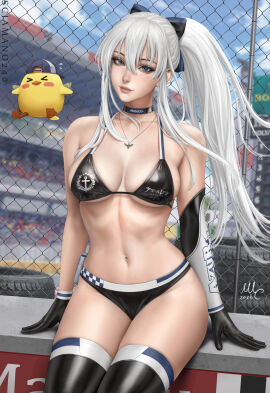 >_< artist_name azur_lane bare_shoulders bikini bird black_bikini black_bow black_gloves black_thighhighs blue_eyes blurry blurry_background bow breasts cg chain-link_fence choker cleavage collarbone day elbow_gloves enterprise_(azur_lane) enterprise_(wind_catcher)_(azur_lane) female female_torso fence gloves grey_hair hair_between_eyes hairbow jewelry large_breasts lips long_hair looking_at_viewer manjuu_(azur_lane) navel necklace official_alternate_costume outdoors ponytail realistic sciamano240 sidelocks sitting solo stomach swimsuit thighhighs thighs toned white_hair
