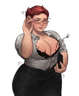 1girls arm_hair big_breasts blush bra breasts button_pop chest_hair closed_eyes delicious_in_dungeon dungeon_meshi dwarf dwarf_female embarrassed female female_chest_hair female_only glasses hairy hairy_female inconvenient_breasts namari_(dungeon_meshi) office_clothing office_lady red_hair short_hair solo solo_female sweat sweatdrop viviancore wardrobe_malfunction white_background
