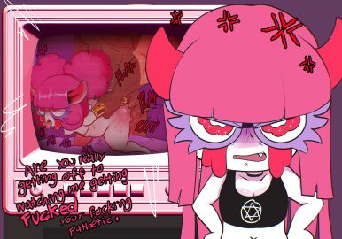 1girls anal anal_sex angry chocovania_(character) dialogue english_text female female_focus indie_virtual_youtuber looking_at_viewer meweeze original pale_skin pink_hair shaming_viewer shortstack text tv twitch virtual_youtuber watching_porn