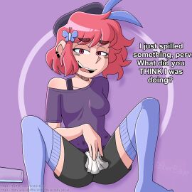 1girls blush_lines crunnchy crunnchy_(character) digital_drawing_(artwork) ear_piercing earrings emberbaye female glass_cup hair_ornament hat looking_at_viewer off_shoulder open_mouth open_smile pink_eyes pink_hair shirt shorts simple_background spilled_drink stain text thighhighs youtube youtuber