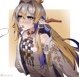 1boy after_ejaculation arknights bare_shoulders belt blonde_hair blush border censored commentary cum cum_in_mouth cum_on_body cum_on_tongue dragon_girl dragon_horns earrings english_commentary evalithfog eyeliner facial female grey_eyes grey_hair hair_between_eyes hair_intakes highres horns jacket jewelry long_hair long_sleeves makeup making-of_available male multicolored_hair necklace nose_blush off_shoulder orange_eyeliner outside_border penis pointy_ears purple_hair red_pupils shu_(arknights) slit_pupils straight strapless tongue tongue_out tube_top twitter_username white_belt white_border white_jacket white_tube_top yellow_background