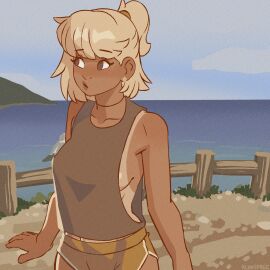 1girls blonde_hair clothed_female female female_only klimspree mocha_(klimspree) no_bra short_shorts solo tagme tanline